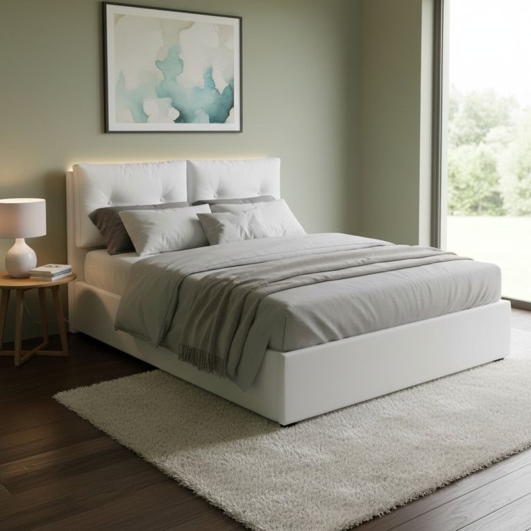 Letto matrimoniale contenitore bianco 175x215cm rivestimento in ecopelle - Aylyn