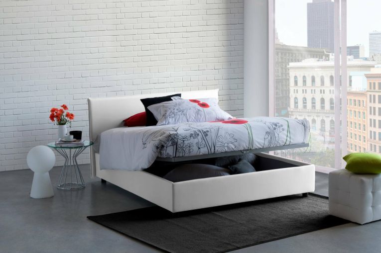 Letto matrimoniale contenitore bianco 175x215cm rivestito in tessuto - Arcan