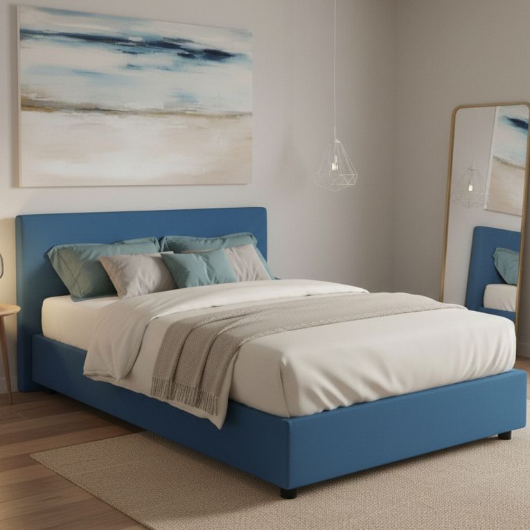 Letto matrimoniale contenitore blu 175x205cm rivestimento in tessuto - Annibale