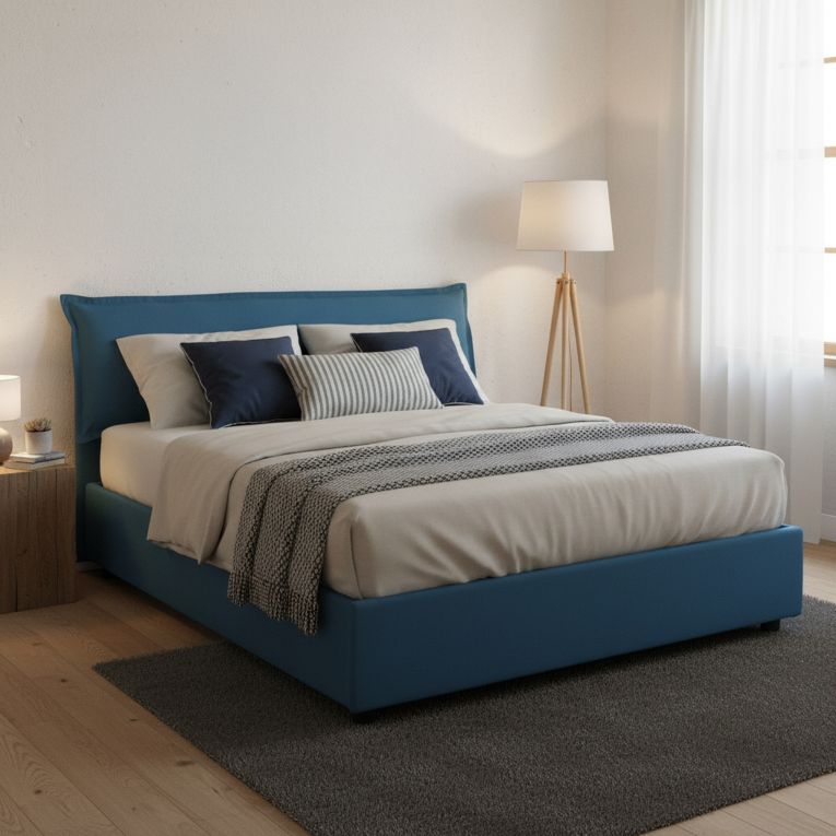 Letto matrimoniale contenitore blu 175x205cm rivestito in tessuto - Andyymion