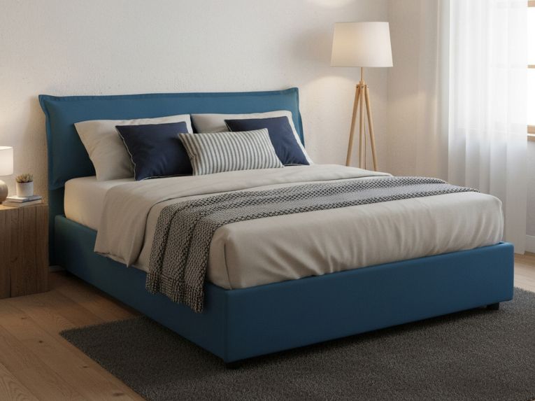Letto matrimoniale contenitore blu 175x205cm rivestito in tessuto - Andyymion
