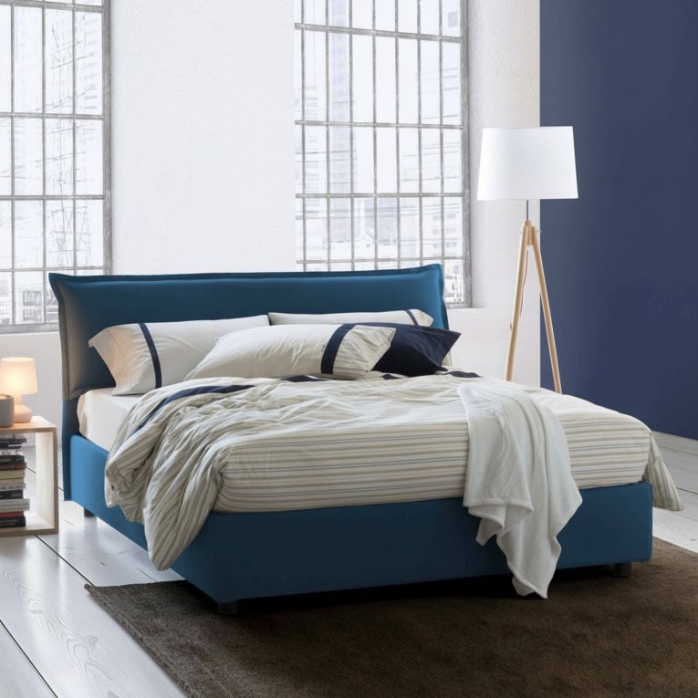 Letto matrimoniale contenitore blu 175x215cm rivestito in tessuto - Apaia