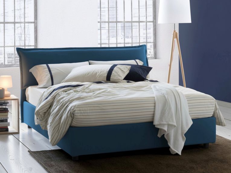 Letto matrimoniale contenitore blu 175x215cm rivestito in tessuto - Apaia