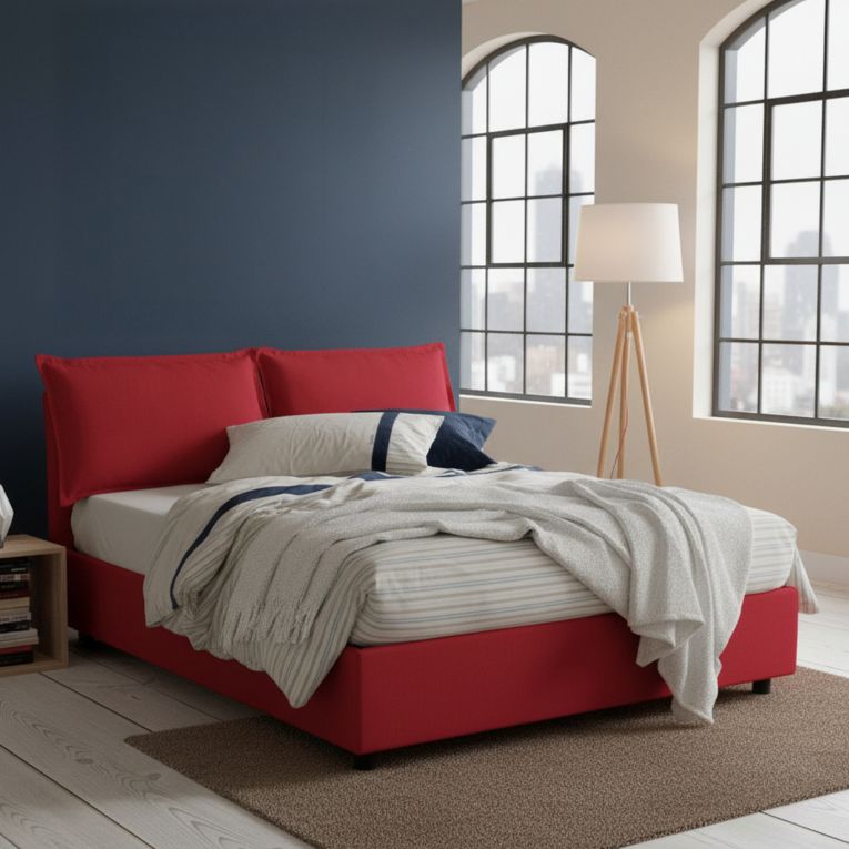 Letto matrimoniale contenitore rosso 175x215cm rivestito in tessuto - Aris