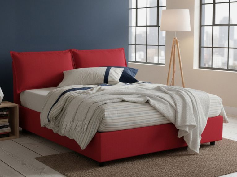 Letto matrimoniale contenitore rosso 175x215cm rivestito in tessuto - Aris