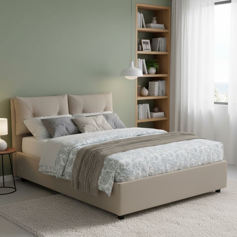 Letto matrimoniale contenitore tortora 175x205cm con testiera imbottita - Mercede