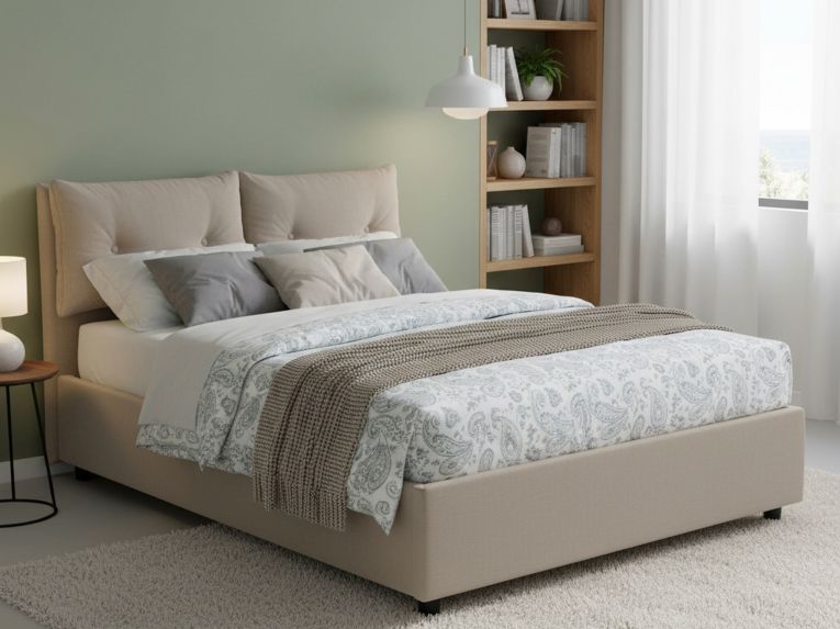 Letto matrimoniale contenitore tortora 175x205cm con testiera imbottita - Mercede