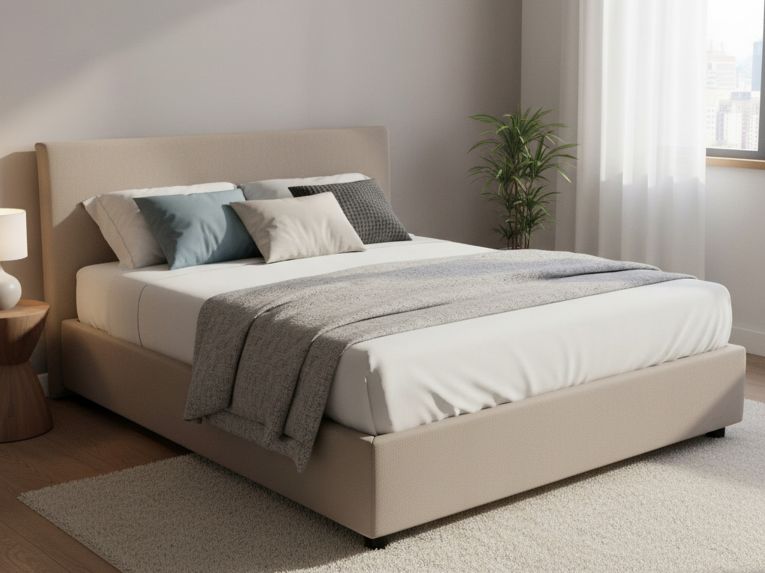 Letto matrimoniale contenitore tortora 175x205cm rivestito in tessuto - Ashlee