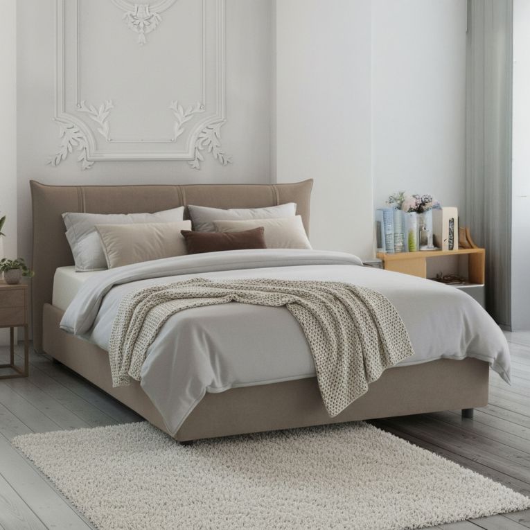 Letto matrimoniale contenitore tortora 175x215cm con testiera imbottita - Gerase