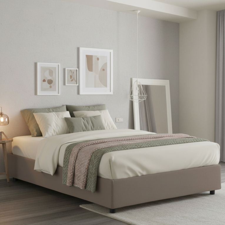 Letto matrimoniale contenitore tortora 175x215cm rivestito in tessuto - Alaska