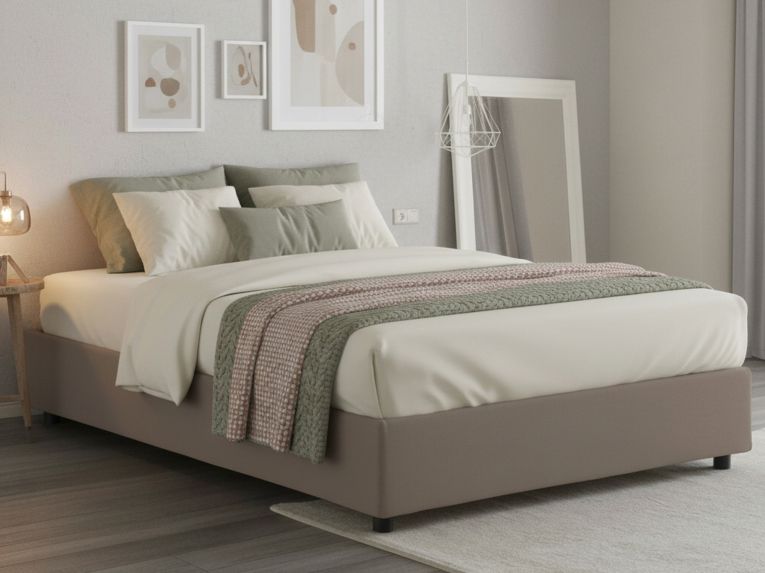 Letto matrimoniale contenitore tortora 175x215cm rivestito in tessuto - Alaska
