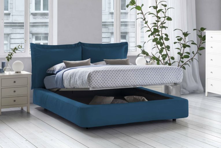 Letto matrimoniale Cornelia, Letto contenitore con rivestimento in tessuto, 100% Made in Italy, Apertura frontale, adatto per materasso 160x190 cm, Blu
