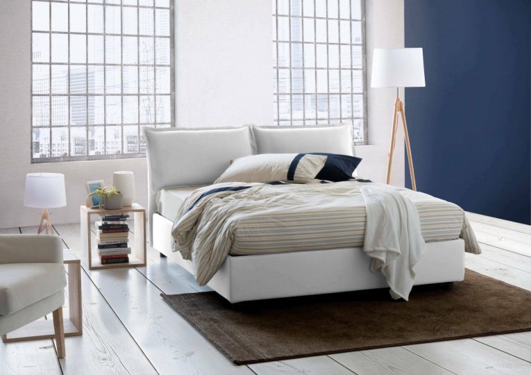 Letto matrimoniale Deborah, Letto contenitore con rivestimento in tessuto, 100% Made in Italy, Apertura frontale, adatto per materasso Cm 160x190, Bianco