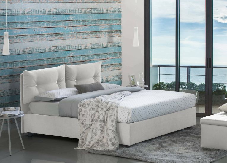 Letto matrimoniale Elisabetta, Letto contenitore con rivestimento in tessuto, 100% Made in Italy, Apertura frontale, adatto per materasso Cm 160x190, Bianco