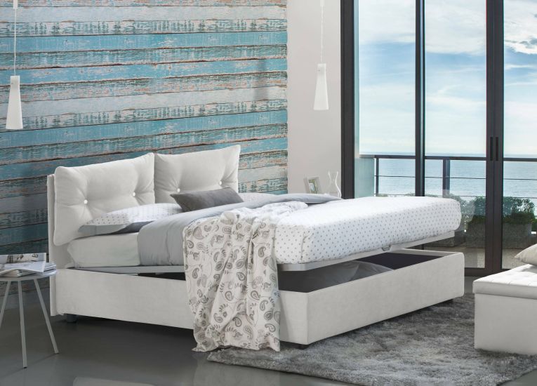 Letto matrimoniale Fabiana, Letto contenitore con rivestimento in tessuto, 100% Made in Italy, Apertura frontale, adatto per materasso Cm 160x200, Bianco