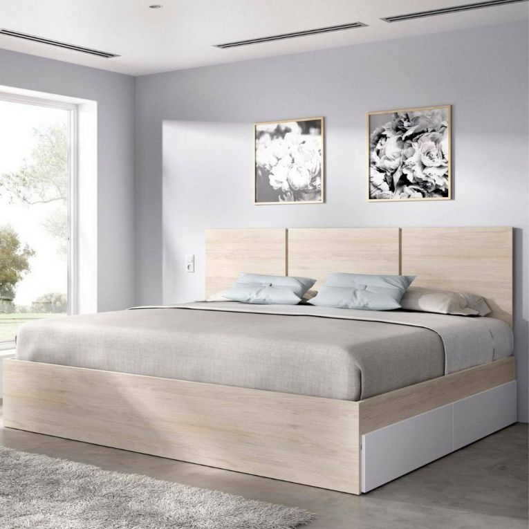 Letto matrimoniale Fadner, Sommier per camera da letto, Giroletto per stanza, Struttura porta materasso, 166x205 h96 cm, Bianco e Rovere