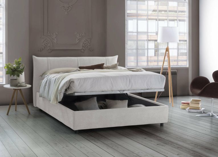 Letto matrimoniale Flavia, Letto contenitore con rivestimento in tessuto, 100% Made in Italy, Apertura frontale, con materasso 160x190 Cm incluso, Bianco