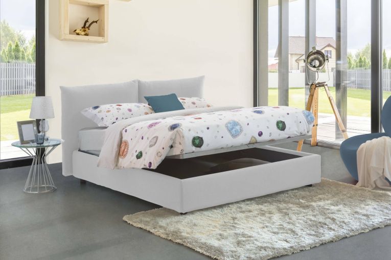 Letto matrimoniale Gabriella, Letto contenitore con rivestimento in tessuto, 100% Made in Italy, Apertura frontale, adatto per materasso Cm 160x200, Bianco