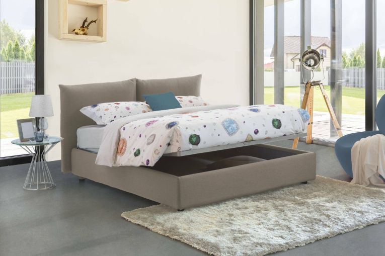Letto matrimoniale Gabriella, Letto contenitore con rivestimento in tessuto, 100% Made in Italy, Apertura frontale, adatto per materasso Cm 160x200, Tortora