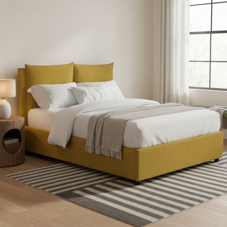 Letto Matrimoniale Giallo Ocra Sfoderabile Contenitore, Dimensione Materasso 160x200 cm - Davoli