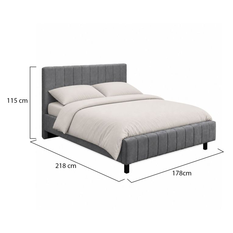 Letto Matrimoniale Grigio Dimensione Materasso 160x200 cm Testiera e Giroletto Imbottiti, Imbottito - Exmouth