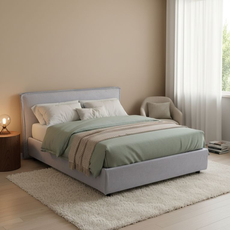 Letto Matrimoniale Grigio Materasso Incluso Sfoderabile, Contenitore Made in Italy - Bruzolo