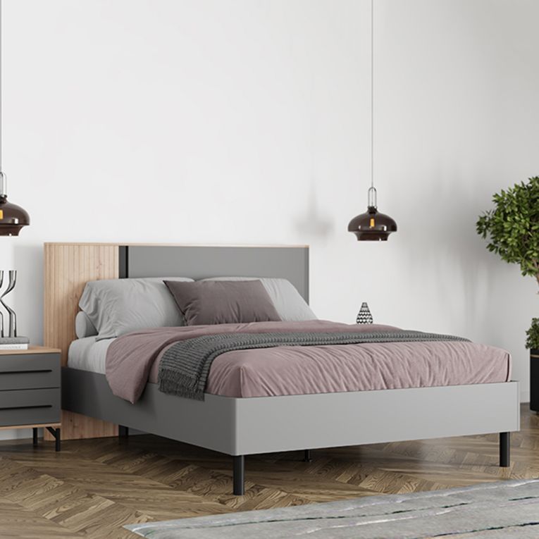 Letto Matrimoniale Grigio Scuro Marrone Rovere Dimensione Materasso 180x200 cm Peso Supportato 200 kg, Matrimoniale - Banff