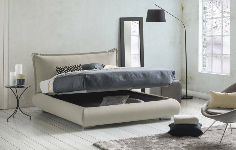 Letto matrimoniale Ilenia, Letto contenitore con rivestimento e testata in tessuto, 100% Made in Italy, Apertura frontale, adatto per materasso 160x190 cm, Beige