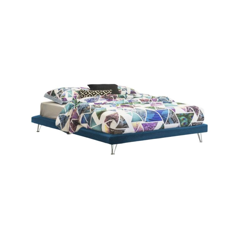 Letto matrimoniale Isabella, Letto fisso in tessuto con piedini, 100% Made in Italy, adatto per materasso Cm 160x190, Blu