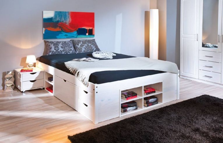 Letto matrimoniale Konstanz, Sommier per camera da letto, Giroletto per stanza, Struttura porta materasso, 146x196 h48 cm, Bianco