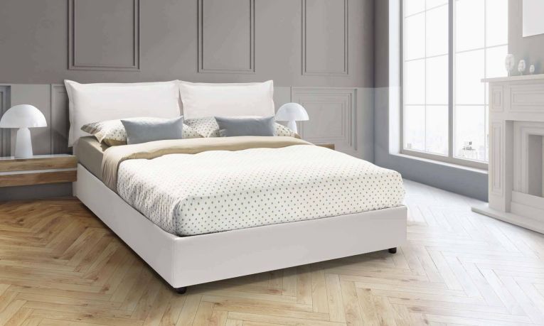 Letto matrimoniale Lucrezia, Letto contenitore con rivestimento in ecopelle, 100% Made in Italy, Apertura frontale, adatto per materasso Cm 140x200, Bianco