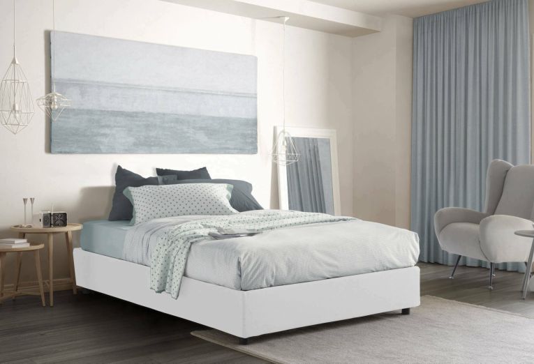 Letto matrimoniale Maria, Letto contenitore con rivestimento in tessuto, 100% Made in Italy, Apertura frontale, adatto per materasso Cm 160x200, Bianco