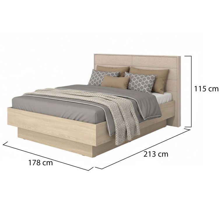 Letto Matrimoniale Marrone Rovere Bianco Crema Dimensione Materasso 160x200 cm Imbottito, Testiera Imbottita - Tirso