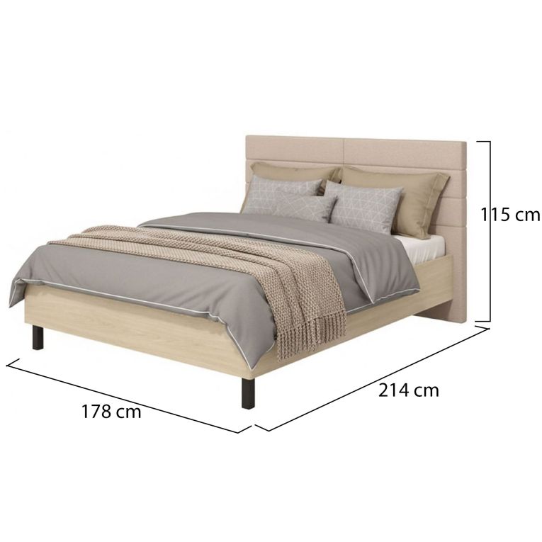 Letto Matrimoniale Marrone Rovere Bianco Crema Testiera Imbottita Imbottito, Dimensione Materasso 160x200 cm - Ausonio