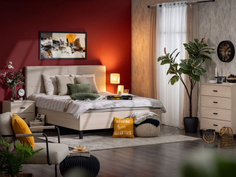 Letto Matrimoniale Marrone Rovere Bianco Crema Testiera Imbottita Imbottito, Dimensione Materasso 160x200 cm - Ausonio