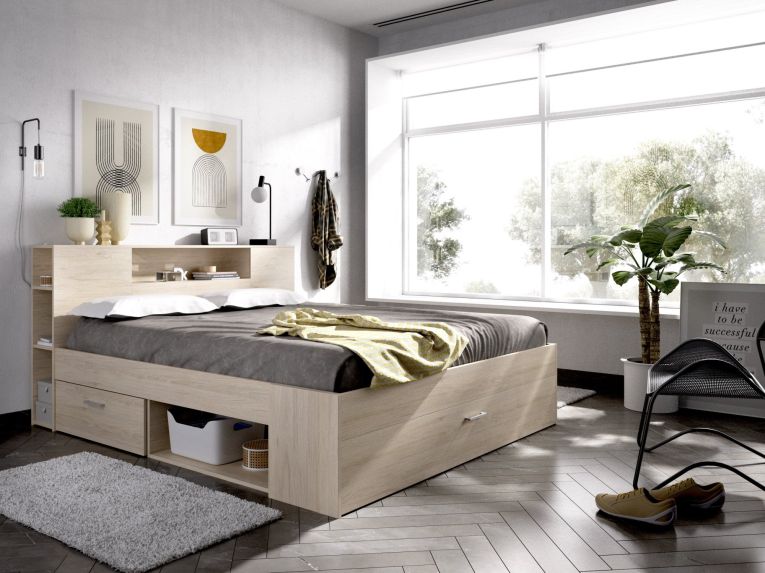 Letto Matrimoniale Marrone Rovere Contenitore Dimensione Materasso 160x200 cm, Peso Supportato 150 kg - Murlo