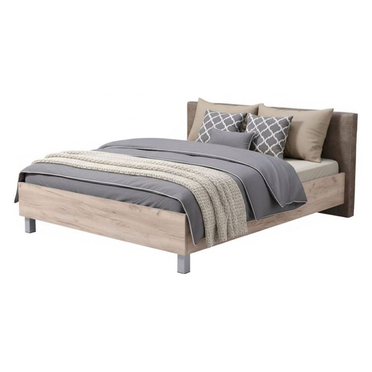 Letto Matrimoniale Marrone Rovere Grigio Grigio Tortora Testiera Imbottita Imbottito, Dimensione Materasso 160x200 cm - Maida