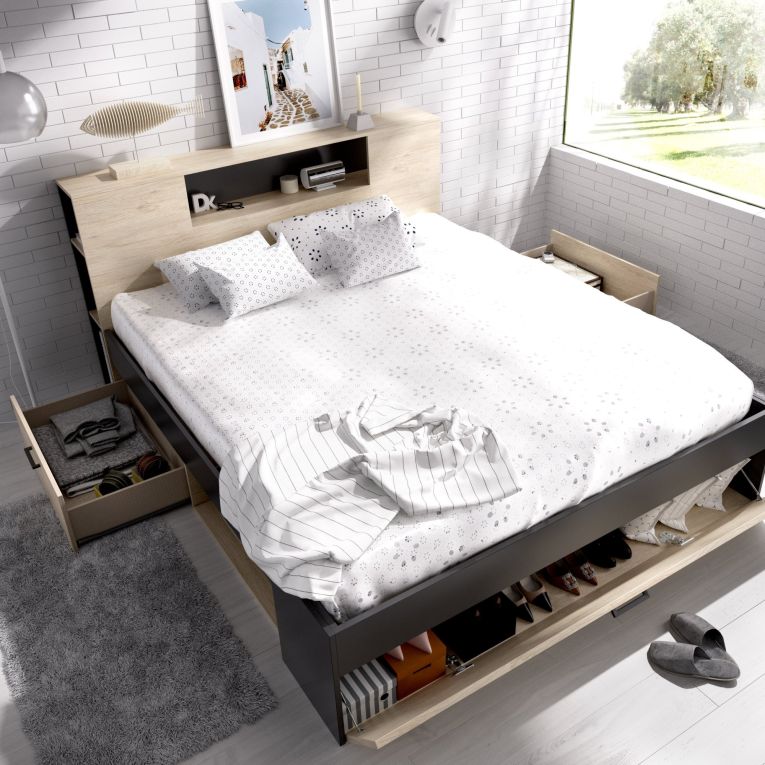 Letto Matrimoniale Marrone Rovere Nero Antracite Contenitore Dimensione Materasso 160x200 cm, 2 - Murlo