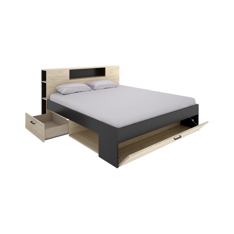 Letto Matrimoniale Marrone Rovere Nero Antracite Contenitore Dimensione Materasso 160x200 cm, 2 - Murlo