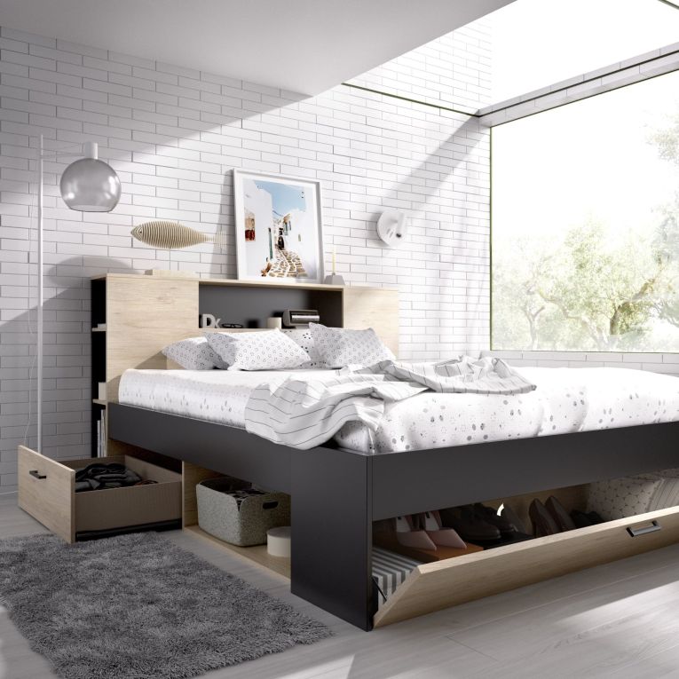 Letto Matrimoniale Marrone Rovere Nero Antracite Contenitore Dimensione Materasso 160x200 cm, 2 - Murlo