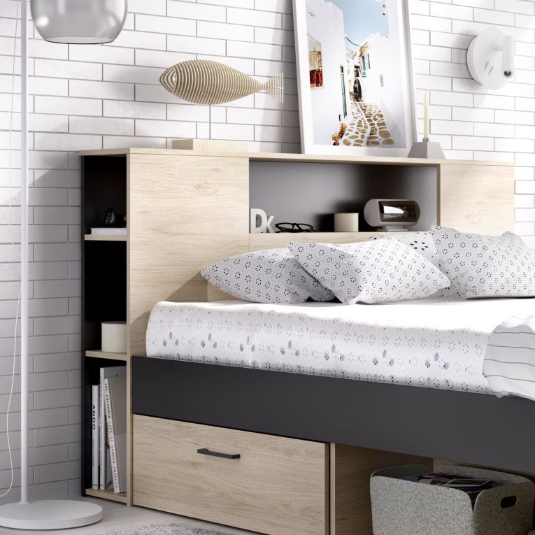 Letto Matrimoniale Marrone Rovere Nero Antracite Contenitore Dimensione Materasso 160x200 cm, 2 - Murlo