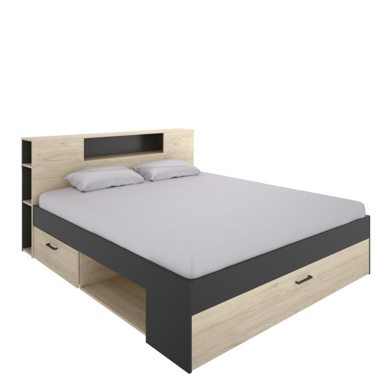 Letto Matrimoniale Marrone Rovere Nero Antracite Contenitore Dimensione Materasso 160x200 cm, 2 - Murlo