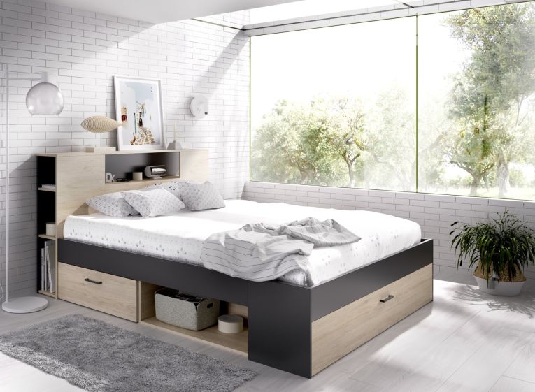Letto Matrimoniale Marrone Rovere Nero Antracite Contenitore Dimensione Materasso 160x200 cm, 2 - Murlo