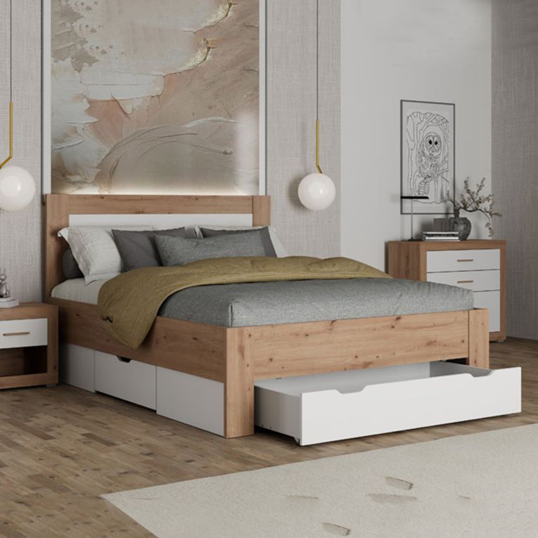 Letto Matrimoniale Marrone Rovere Nodi Bianco Dimensione Materasso 160x200 cm Testata Dettaglio Rigato, Peso Supportato 200 kg - Munnar