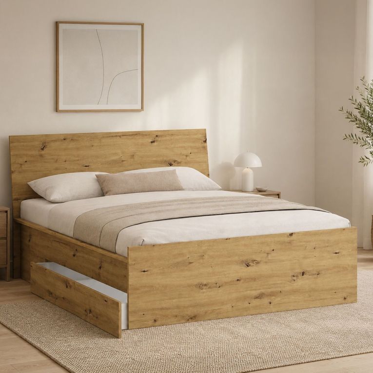 Letto Matrimoniale Marrone Rovere Nodi Dimensione Materasso 160x200 cm con Cassetto, Matrimoniale - Lidati