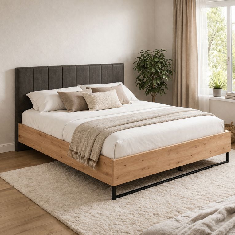 Letto Matrimoniale Marrone Rovere Nodi Nero Antracite Testiera Imbottita Imbottito, Dimensione Materasso 160x200 cm - Chiusa