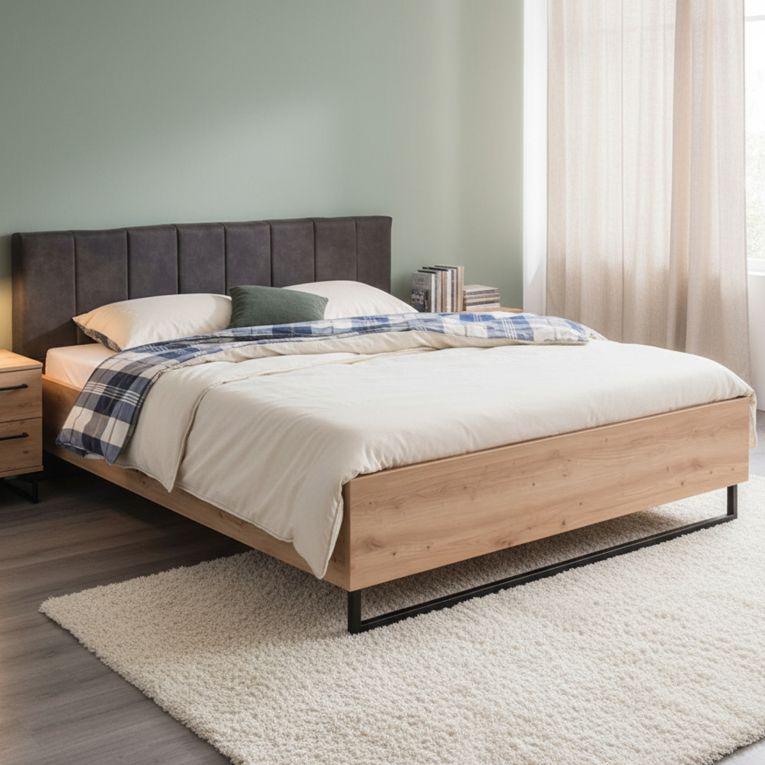 Letto Matrimoniale Marrone Rovere Nodi Nero Antracite Testiera Imbottita Imbottito, Dimensione Materasso 180x200 cm - Busnago