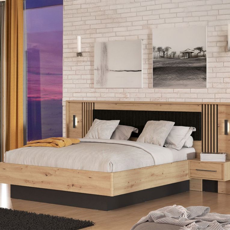 Letto Matrimoniale Marrone Rovere Nodi Nero Dimensione Materasso 160x200 cm Imbottito, Testiera Imbottita, 2 Comodini Inclusi - Casotto