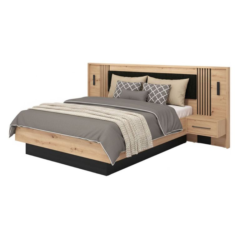 Letto Matrimoniale Marrone Rovere Nodi Nero Dimensione Materasso 160x200 cm Imbottito, Testiera Imbottita, 2 Comodini Inclusi - Casotto
