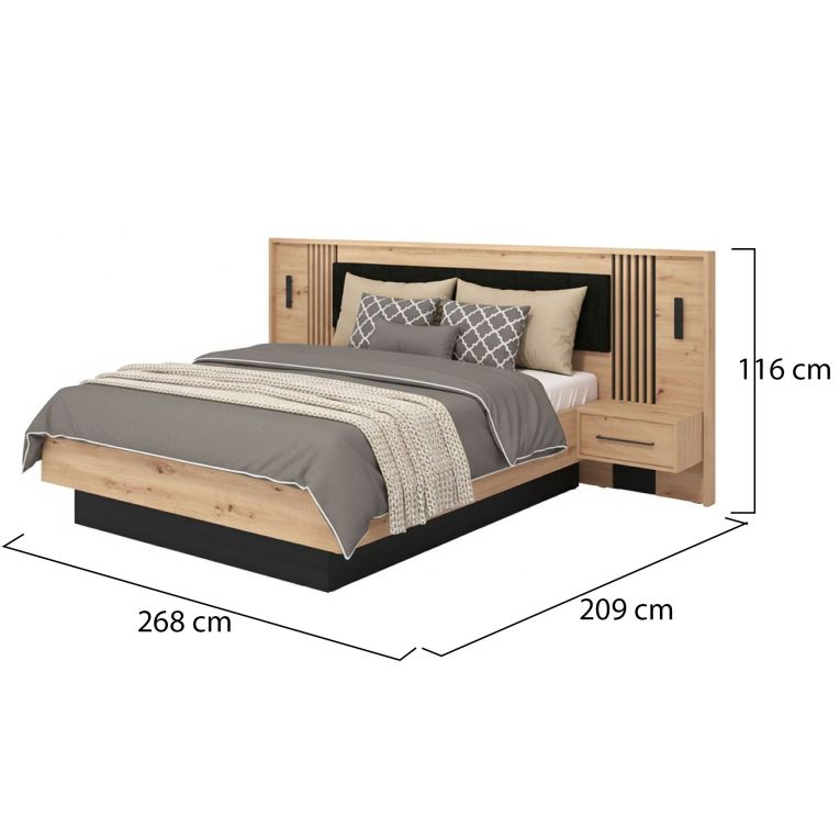 Letto Matrimoniale Marrone Rovere Nodi Nero Dimensione Materasso 160x200 cm Imbottito, Testiera Imbottita, 2 Comodini Inclusi - Casotto